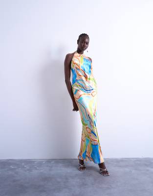 Robe longue imprimée avec liens noués autour du cou - Bleu 40
