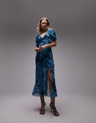 Topshop puff sleeve bias maxi dress in blue print - ASOS Price Checker
