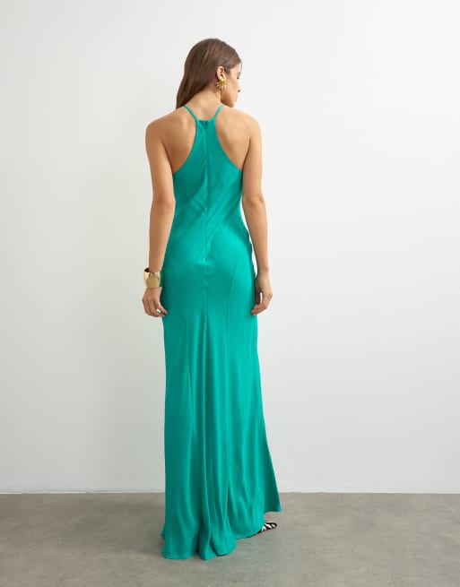 Topshop robe longue maxi en satin à encolure nageur et jupe ample verte, 3 de 4