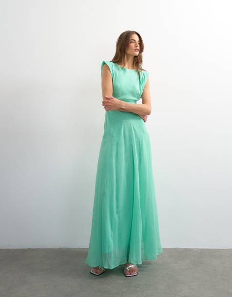Topshop - Robe longue plissée à dos ouvert - Vert - view 1