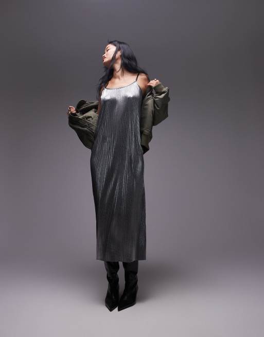 Topshop - Robe longue plissée à fines bretelles - Argenté, 2 de 4