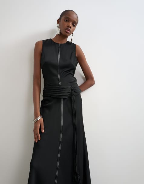 Topshop robe longue premium en satin à taille basse avec détail ruban, noire, surpiqûres contrastantes - view 1
