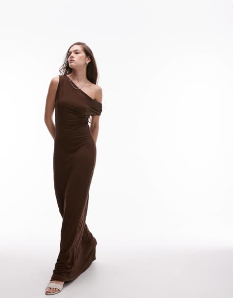 Topshop - Robe longue près du corps en jersey à épaules dénudées - Marron chocolat - view 1