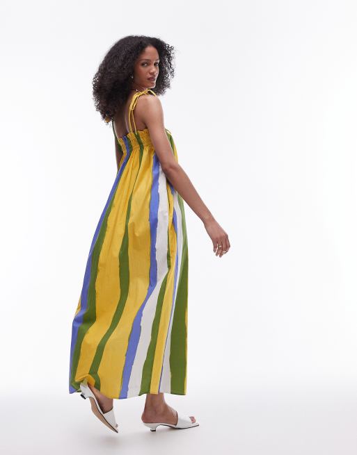 Topshop Robe longue rayee en popeline avec buste fronce Jaune et vert multicolore ASOS