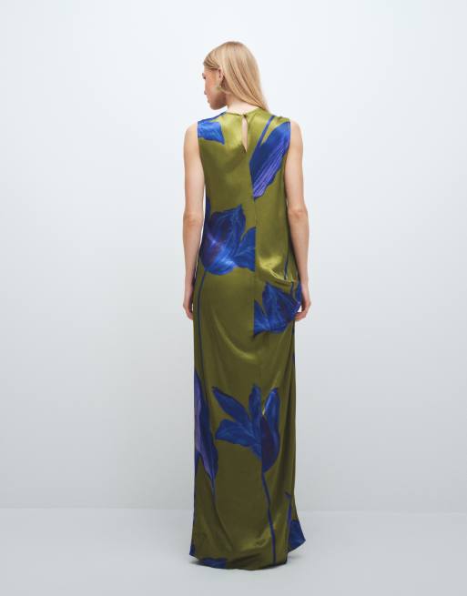 Topshop - Robe longue sans manches en satin à fleurs avec nœud sur le côté - Vert et bleu, 3 de 11
