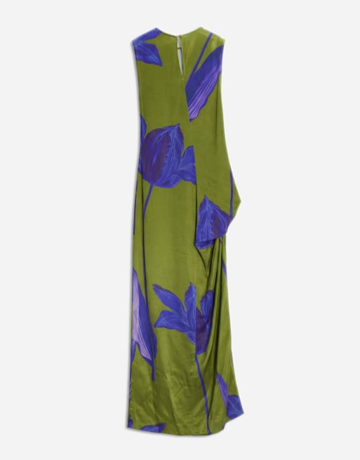 Topshop - Robe longue sans manches en satin à fleurs avec nœud sur le côté - Vert et bleu, 6 de 11