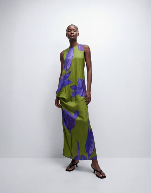 Topshop - Robe longue sans manches en satin à fleurs avec nœud sur le côté - Vert et bleu, 8 de 11
