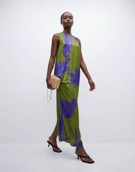Topshop - Robe longue sans manches en satin à fleurs avec nœud sur le côté - Vert et bleu, 9 de 11
