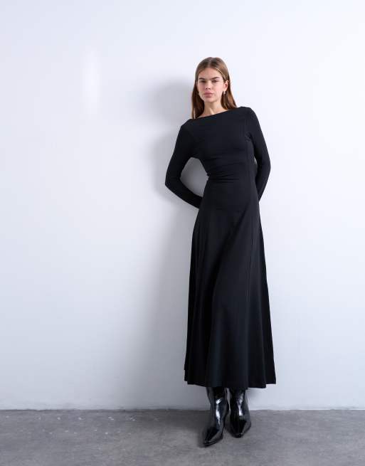 Topshop - Robe longue trapèze à manches longues et encolure dégagée - Noir, 3 de 4