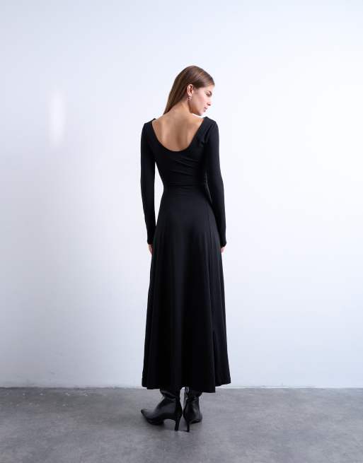 Topshop - Robe longue trapèze à manches longues et encolure dégagée - Noir, 4 de 4