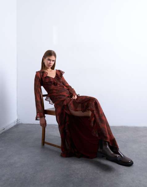 Topshop - Robe longue volantée à manches longues avec imprimé fleuri effet flou - Rouille - view 1