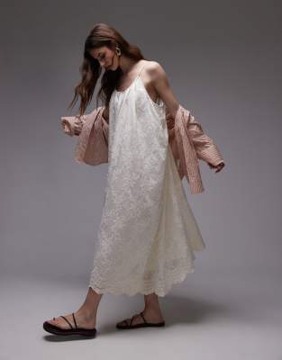 Topshop - Robe mi-longue à broderies et bretelles nouées - Ivoire - view 1