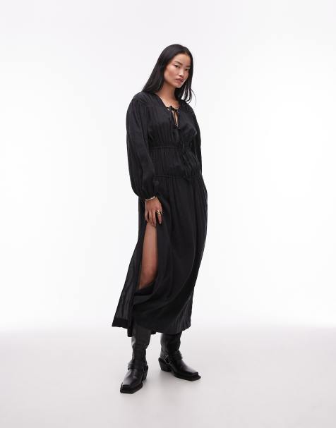 Topshop - Robe mi-longue à buste froncé en cupro - Noir - view 1