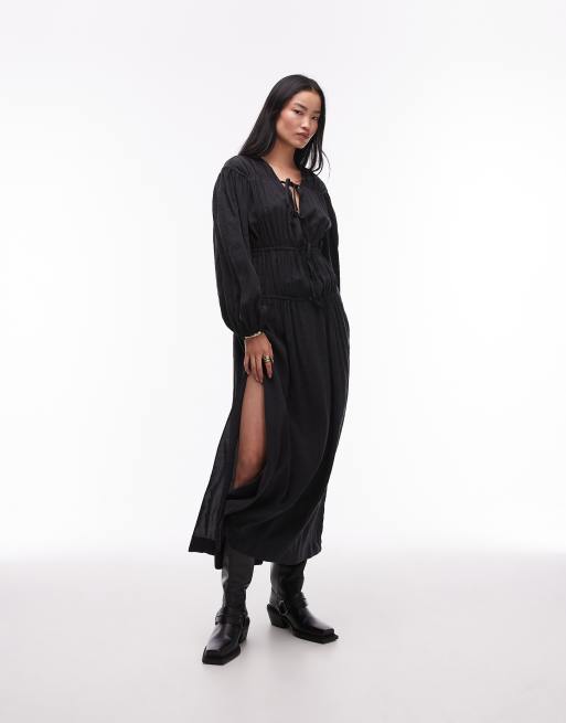 Topshop - Robe mi-longue à buste froncé en cupro - Noir