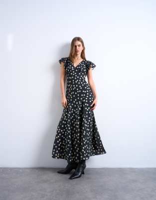 Topshop - Robe mi-longue à col V et manches évasées - Noir à pois blancs-rose