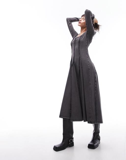 Topshop - Robe mi-longue à coutures apparentes et ourlet évasé à godet - Gris délavé