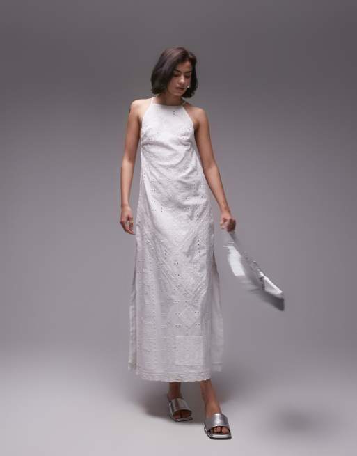 Topshop - Robe mi-longue à encolure licou de qualité supérieure en broderie anglaise et dentelle - Ivoire