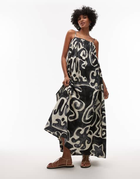 Topshop - Robe mi-longue à enfiler en aspect lin imprimé avec buste froncé - Noir et blanc - view 1