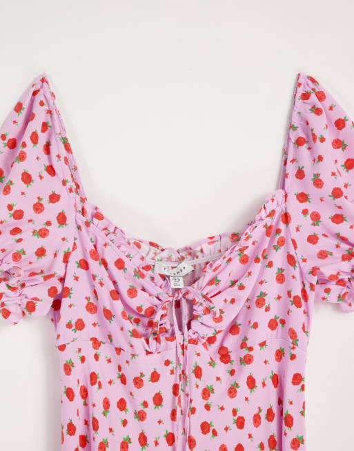 Topshop - Robe mi-longue à fleurs avec encolure Bardot - Rose , 3 de 4