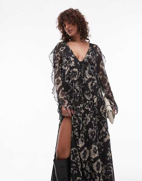Topshop - Robe mi-longue à imprimé fleuri avec manches longues et volants - Noir et blanc - view 1