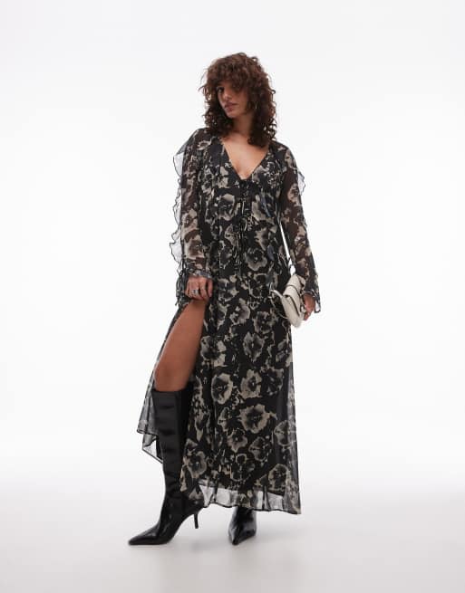 Topshop - Robe mi-longue à imprimé fleuri avec manches longues et volants - Noir et blanc, 2 de 4