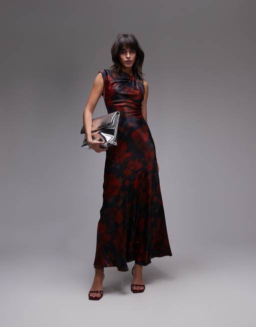 Topshop - Robe mi-longue à motif fleuri avec détail noué - Rouge