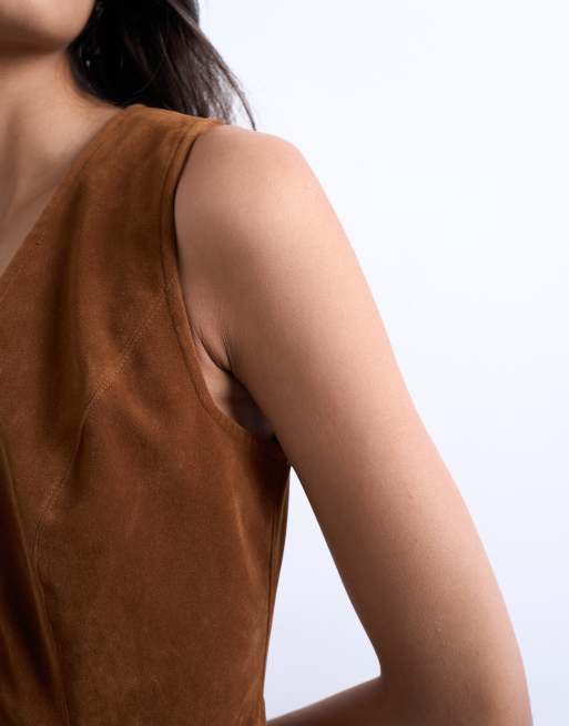 Topshop - Robe mi-longue à patte de boutonnage dissimulée en imitation daim - Marron, 4 de 4