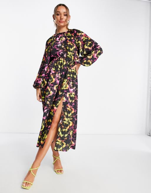 Topshop - Robe mi-longue à taille froncée avec dos nu et imprimé fleurs fluo - Multicolore