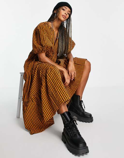 Topshop - Robe mi-longue à volants étagés et carreaux - Moutarde - MUSTARD, 4 de 4