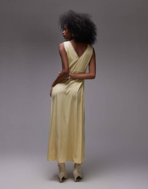 Topshop - Robe mi-longue avec empiècement en dentelle et buste plissée - Jaune citron/pêche, 3 de 4