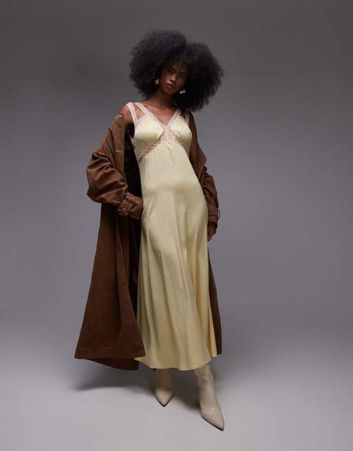 Topshop - Robe mi-longue avec empiècement en dentelle et buste plissée - Jaune citron/pêche, 4 de 4