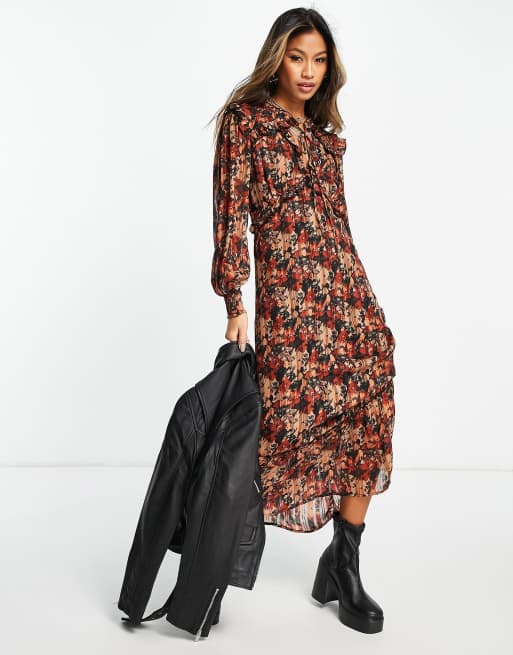 Topshop - Robe mi-longue avec liens et fleurs automnales - Multicolore