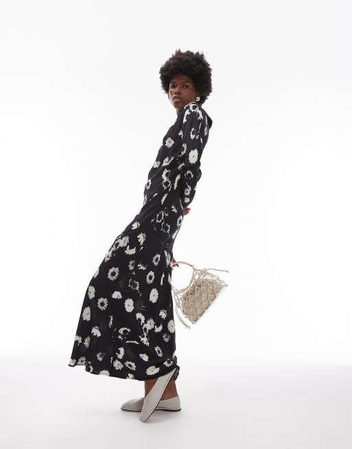 Topshop - Robe mi-longue coupée en biais à encolure bateau - Noir et blanc