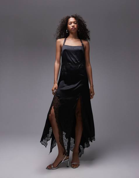Topshop - Robe mi-longue dos nu avec empiècement en dentelle de qualité supérieure avec boucle - Noir - view 1