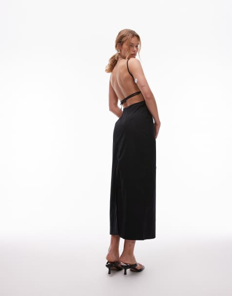 Topshop - Robe mi-longue dos nu en popeline avec fronces sur les côtés - Noir - view 1