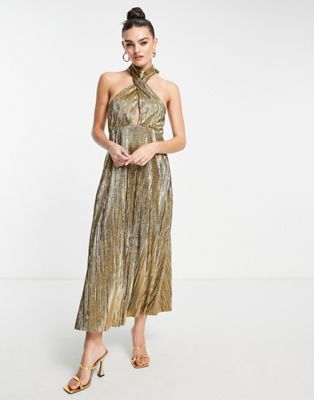 Topshop gold plisse cut out halter midi dress - ASOS Price Checker