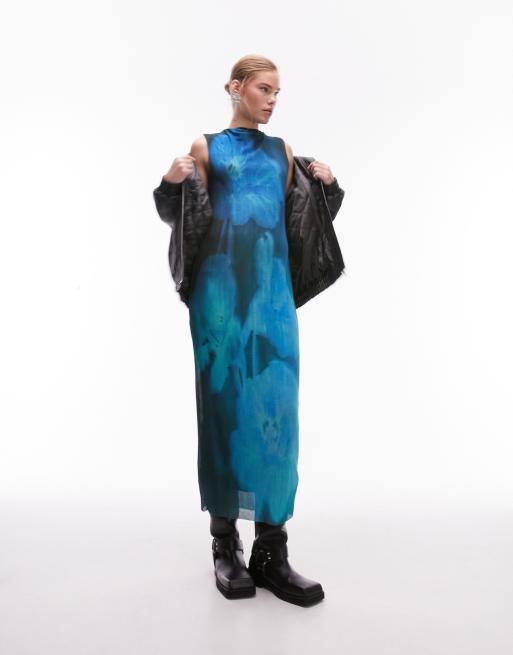 Topshop - Robe mi-longue droite texturée avec motif fleuri abstrait - Bleu