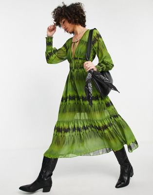 Robes Topshop - Robe mi-longue effet tie-dye nouée sur le devant - Vert