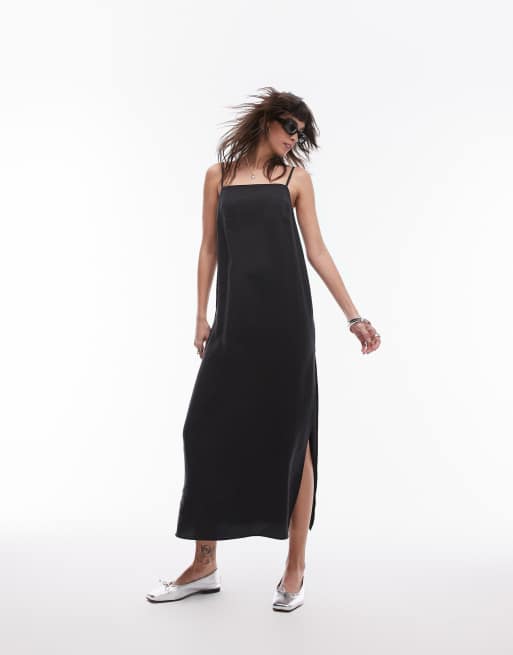 Topshop - Robe mi-longue en cupro à bretelles fines - Noir, 2 de 4