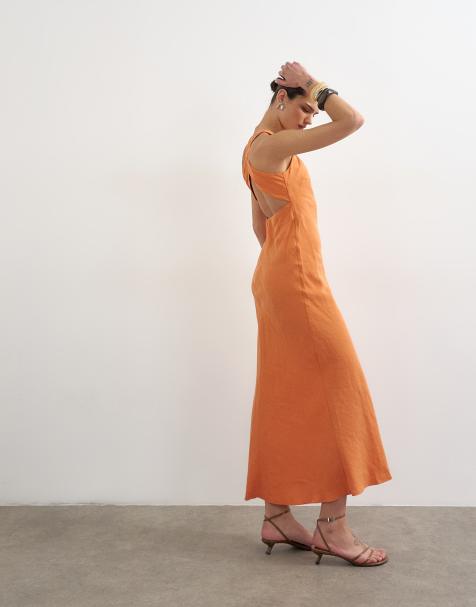 Topshop - Robe mi-longue en cupro avec bretelles croisées dans le dos - Orange - view 1