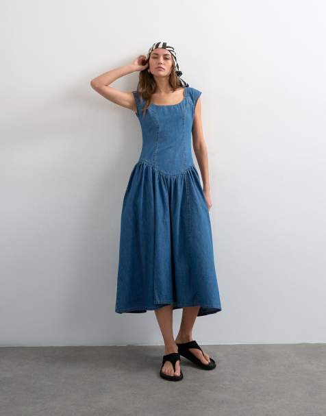 Topshop - Robe mi-longue en denim à taille basse - Indigo délavé - view 1
