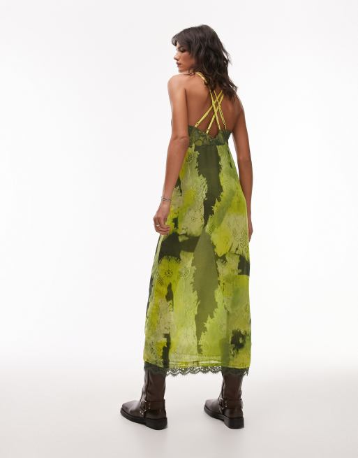 Topshop - Robe mi-longue en dentelle à fines bretelles - Chartreuse, 2 de 4