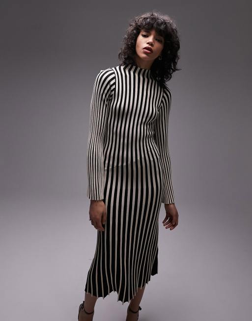 Topshop - Robe mi-longue en maille rayée à manches longues - Noir et blanc, 4 de 4