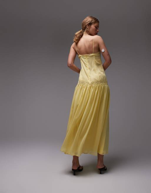 Topshop - Robe mi-longue en mousseline avec empiècement en dentelle - Jaune, 2 de 4
