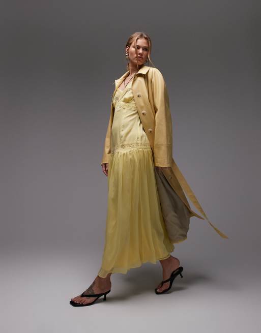 Topshop - Robe mi-longue en mousseline avec empiècement en dentelle - Jaune, 4 de 4