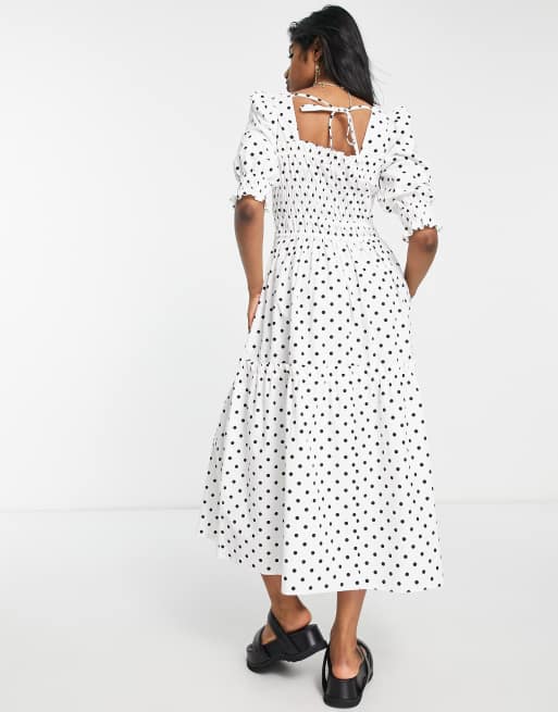 Topshop - Robe mi-longue en popeline à pois et effet étagé - Noir et blanc, 2 de 4