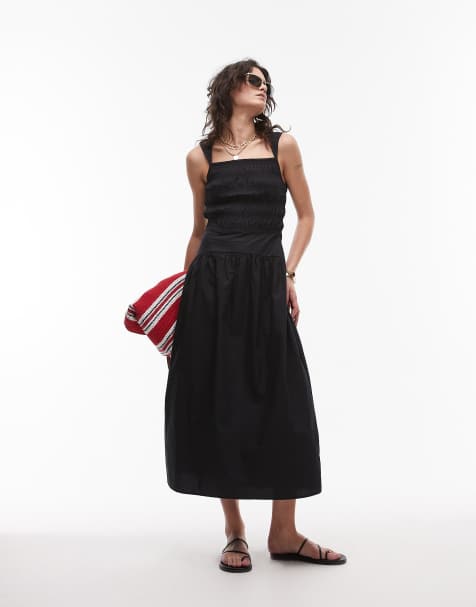 Topshop - Robe mi-longue en popeline avec buste froncé - Noir - view 1
