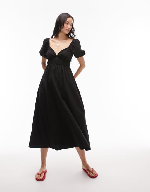 Topshop - Robe mi-longue en popeline froncée - Noir