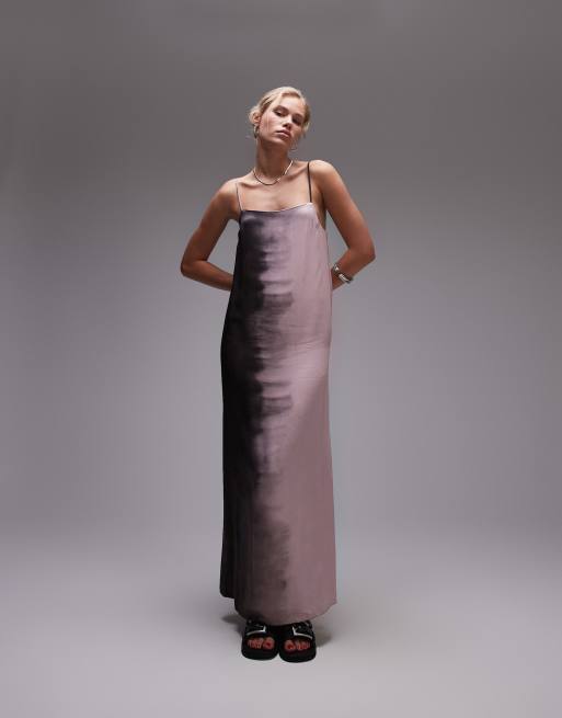 Topshop - Robe mi-longue en satin imprimée à encolure carrée et fines bretelles - Rose