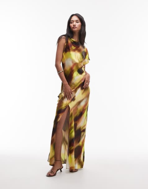 Topshop - Robe mi-longue en satin torsadée à l'épaule avec dos nu - Jaune imprimé abstrait - view 1